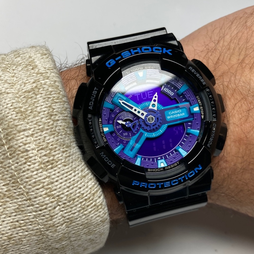 Casio Gshock GA-110HC, glossy black purple teal, new battery, light works
